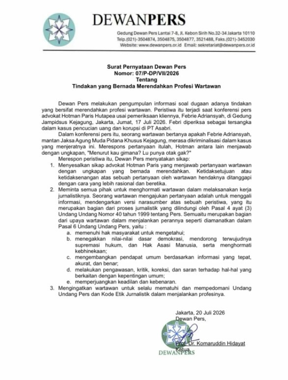 Dewan Pers Sesalkan Ucapan Bernada Merendahkan terhadap Wartawan, Tegaskan Hormati Kerja Jurnalistik