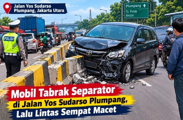 Mobil Tabrak Separator di Jalan Yos Sudarso Plumpang, Lalu Lintas Sempat Macet