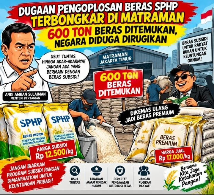 Dugaan Pengoplosan Beras SPHP Terbongkar di Matraman, 600 Ton Beras Ditemukan, Negara Diduga Dirugikan
